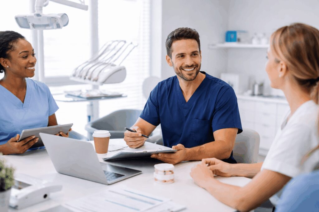 Dental ownership team collaboration in bright office